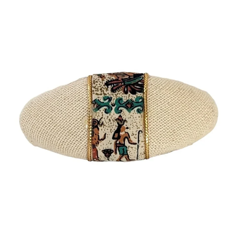 Vintage Egyptian Barrette Hieroglyphs 80’s Hair Fabric White‎ & Gold